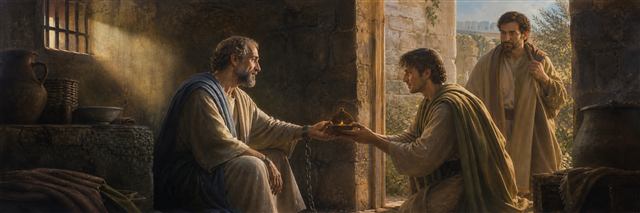 Imprisoned Paul passing a covered lamp to Timothy while a loyal visitor enters the doorway